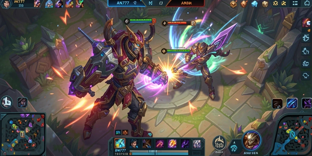 Tangkapan layar gameplay AN777 menunjukkan pertarungan seru di arena MOBA.
