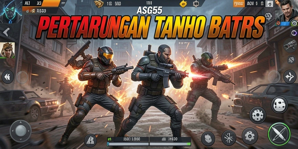 Screenshot utama ASG55 menampilkan aksi seru dalam pertempuran.