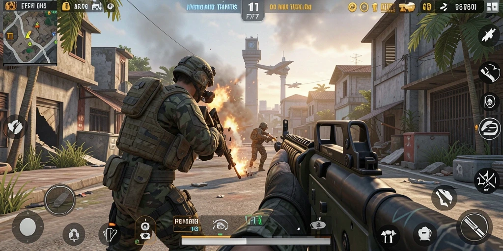 Screenshot gameplay F7F7 menampilkan aksi tembak-menembak intens.