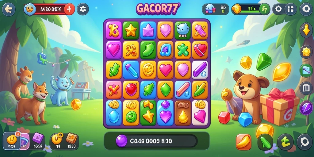 Screenshot dari GACOR77 menampilkan gameplay Match-3 yang seru.