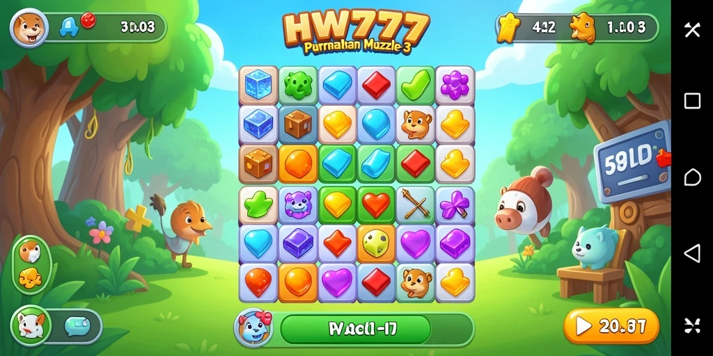 Menampilkan gameplay seru dari HW777 dengan kombinasi warna-warni dalam Match-3.