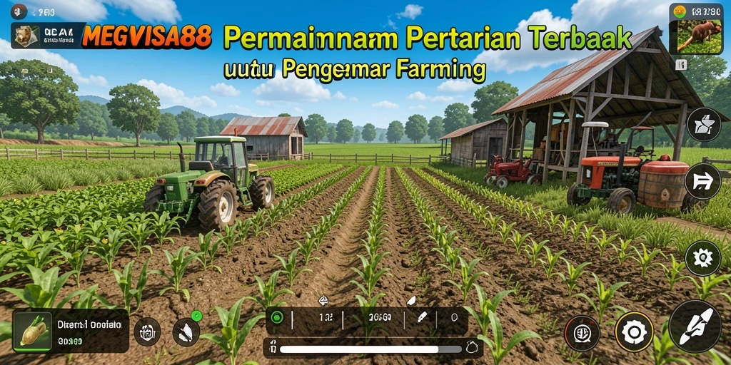 Gameplay seru MEGAVISA88 dengan ladang subur dan hewan ternak.