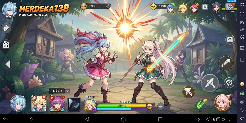 Screenshot gameplay MERDEKA138 menampilkan pertarungan seru karakter anime.