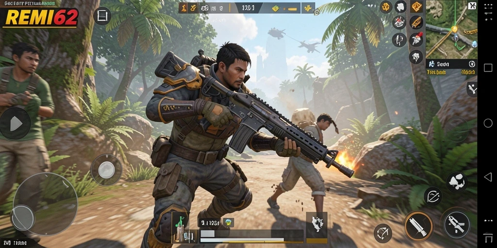 Tampilan gameplay seru dalam REMI62 yang menampilkan aksi TPS.
