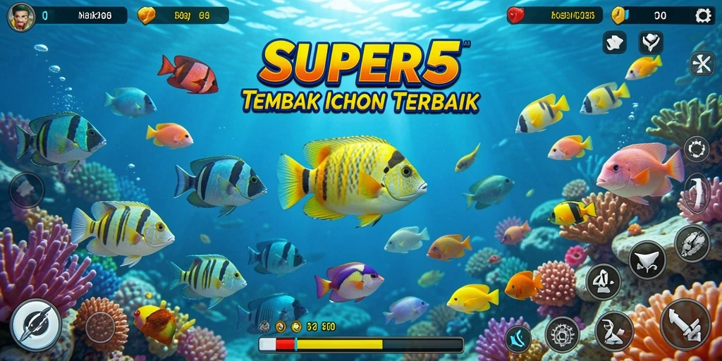 Tampilan gameplay <strong>SUPER5</strong> saat menembak ikan di lautan yang indah.