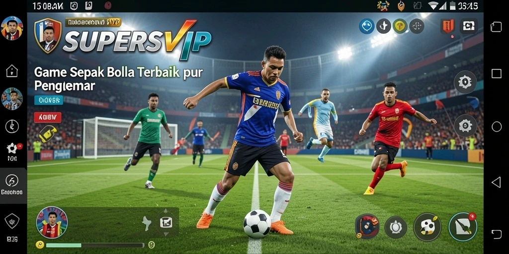 Screenshot gameplay menampilkan aksi seru dalam pertandingan sepak bola.